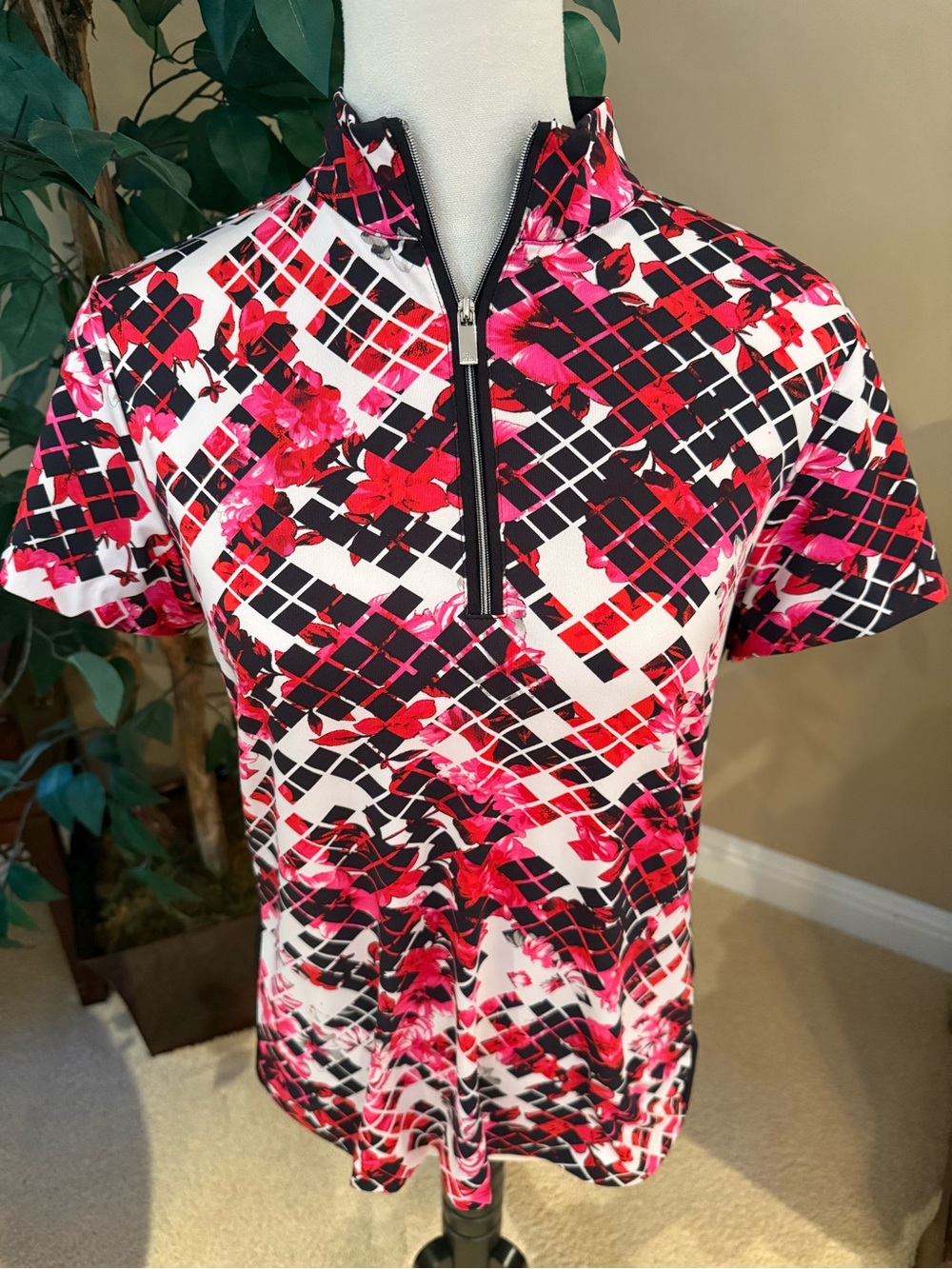 Womens TAIL Short-Sleeve Zip Golf Tennis Polo White Pink & Black Floral M